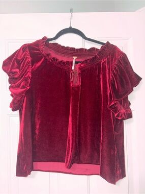 Free People Velvet Ruffle Sleeve Blouse - Wine